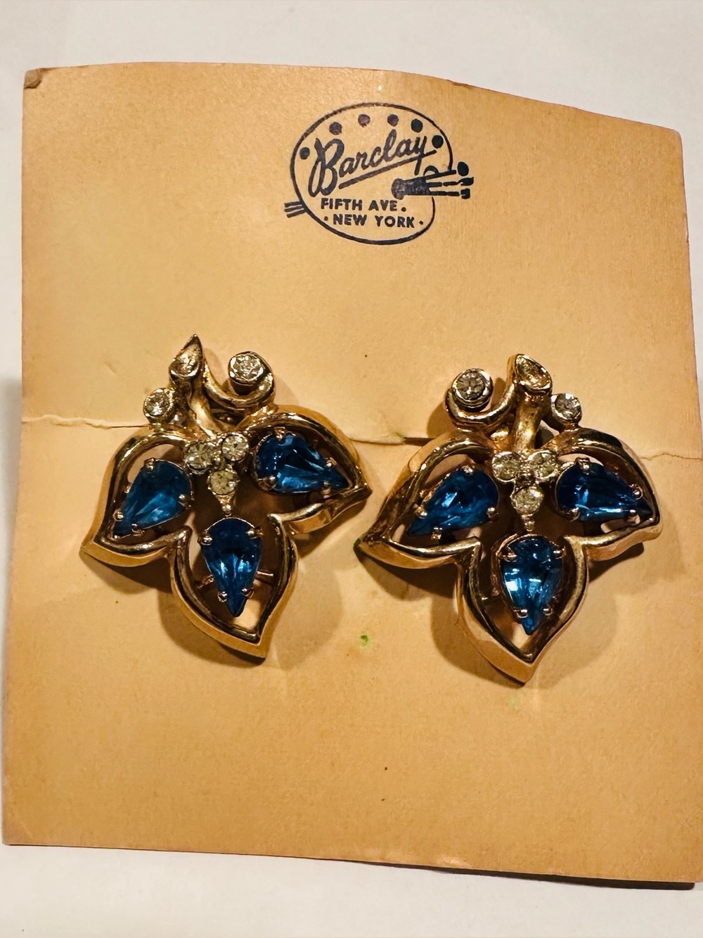 Blue Teardrop Crystal Clip-On Earrings - Gold Tone